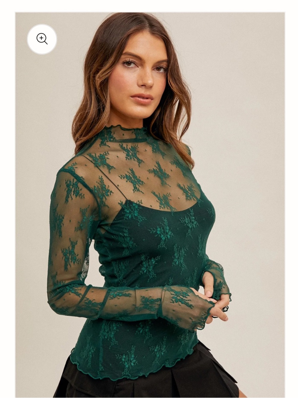 Free People Lux Layering Sheer Lace Mock-Neck Long Sleeve Top in Emerald Green